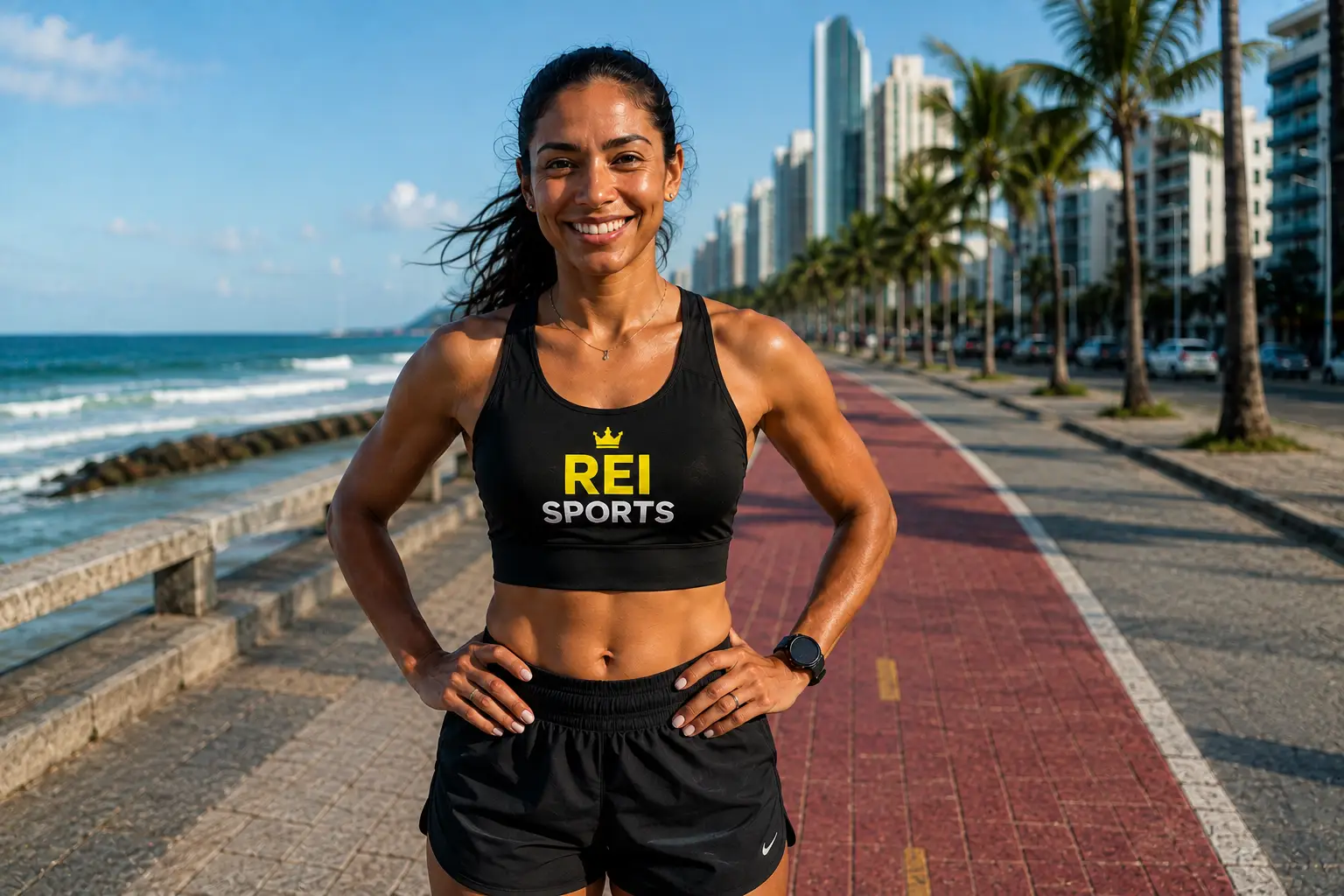 Atleta da REI SPORTS correndo à beira-mar